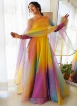 Organza Multi Colour Festival Wear Printed Readymade Gown With Dupatta